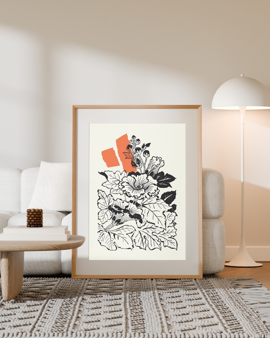 A poster of a Japandi floral art with hand drawn flowers and orange accent