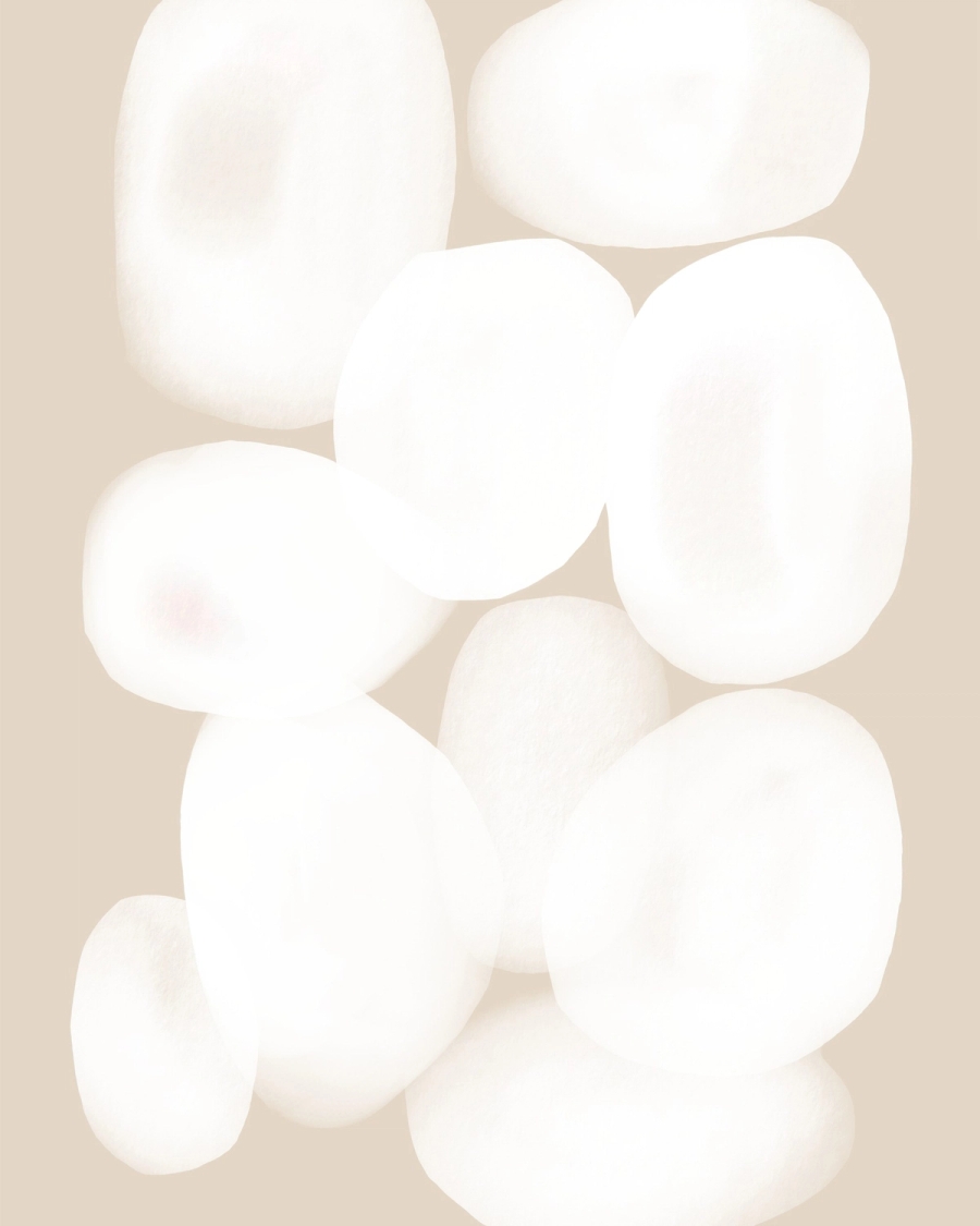 Abstract illustration of rounded chalky white forms stacked on a warm beige background