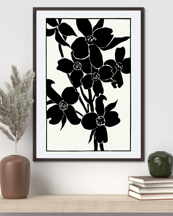 Black floral silhouette poster on white background.