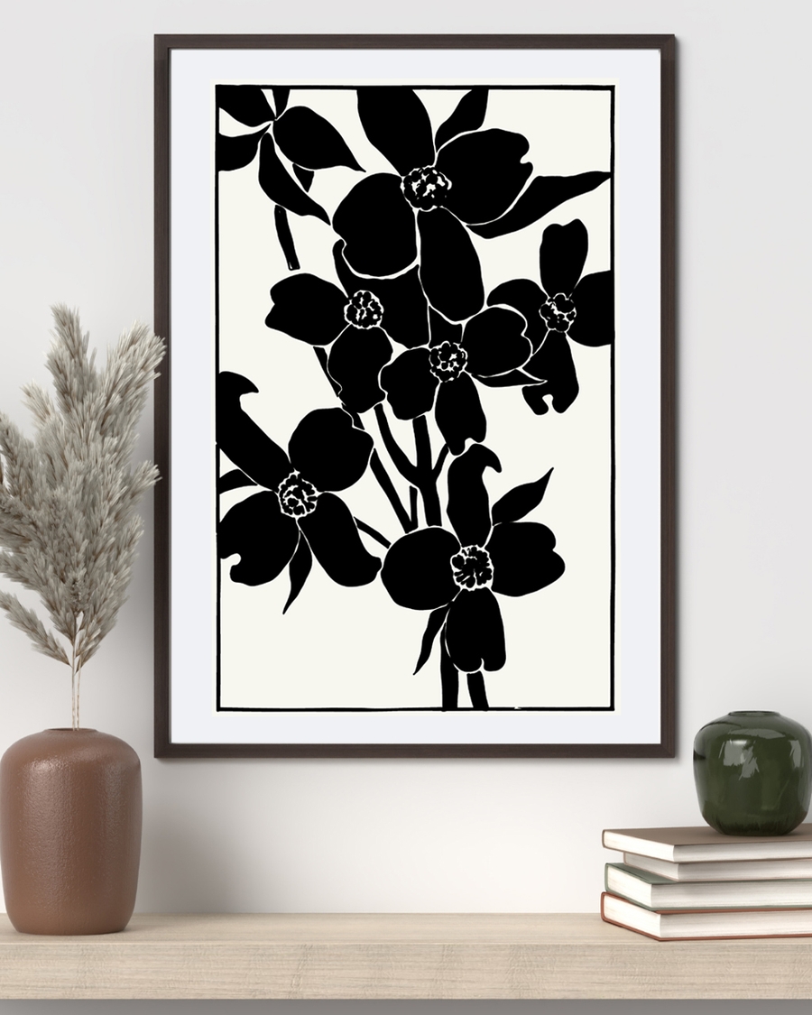 Black floral silhouette poster on white background.