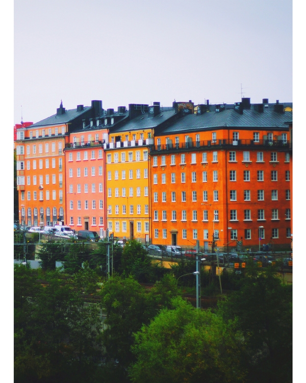 Colorful historic buildings in vibrant urban cityscape view