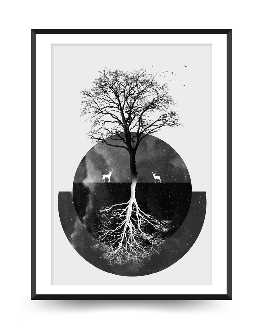 A poster of a Japandi tree with mirrored roots and circle