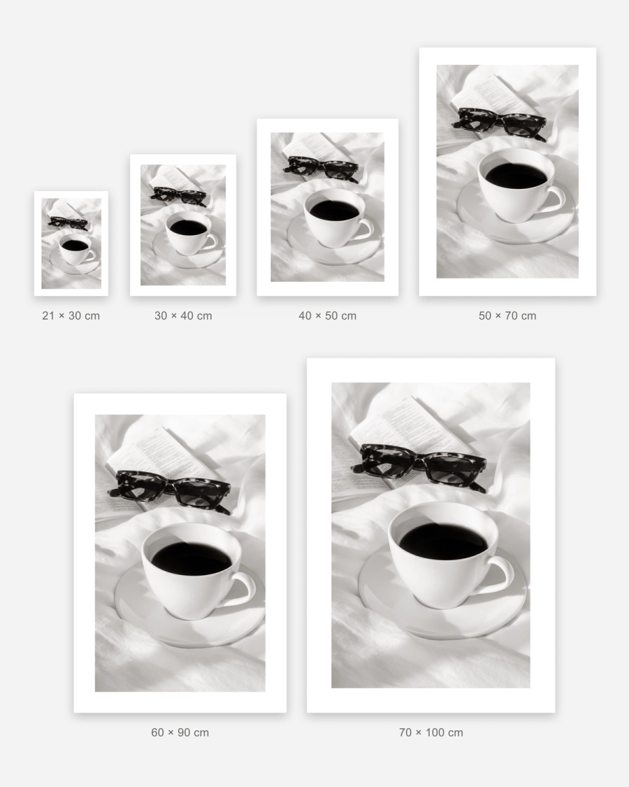 Slow Morning Coffee poster in 6 sizes, shown to scale: 21 × 30, 30 × 40, 40 × 50, 50 × 70, 60 × 90 and 70 × 100 cm