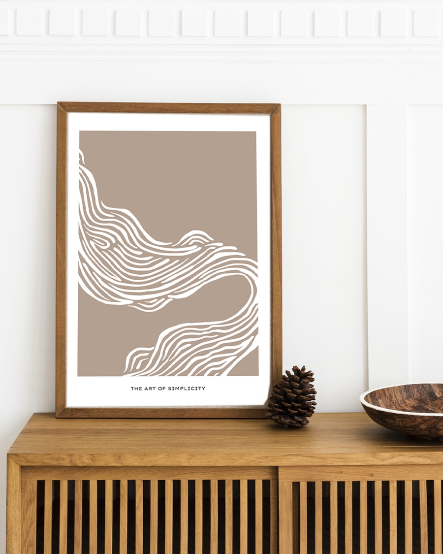 A poster of a white flowing lines on a warm beige background