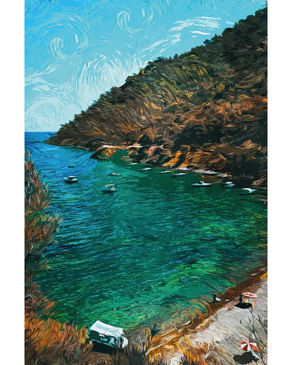 Illustrated coastal bay with green water and cliffs