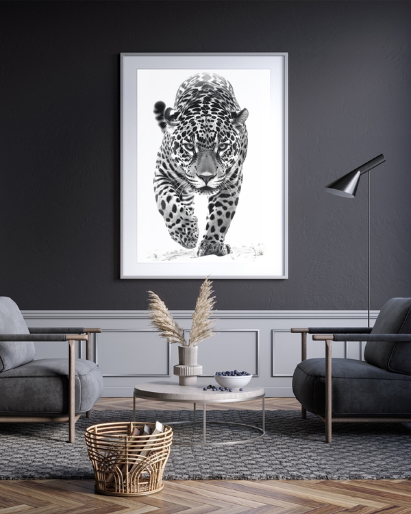 A poster of a Black and white leopard walking forward with focus