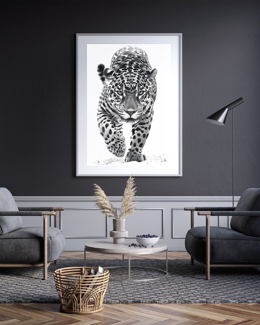 A poster of a Black and white leopard walking forward with focus