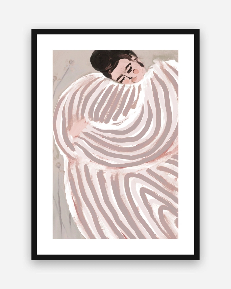 Resting in Stripes poster with a white border in a black frame