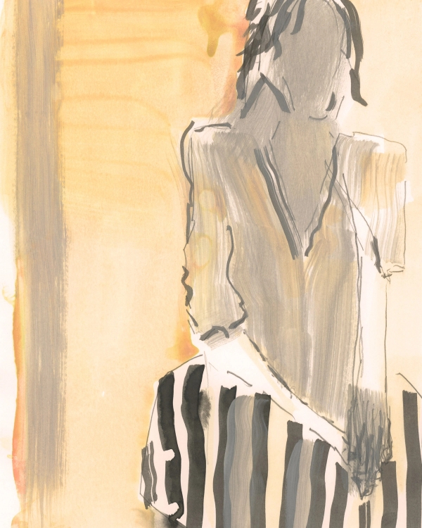 Painted illustration of a woman seen from behind in gray ink on an amber wash, with black striped clothing