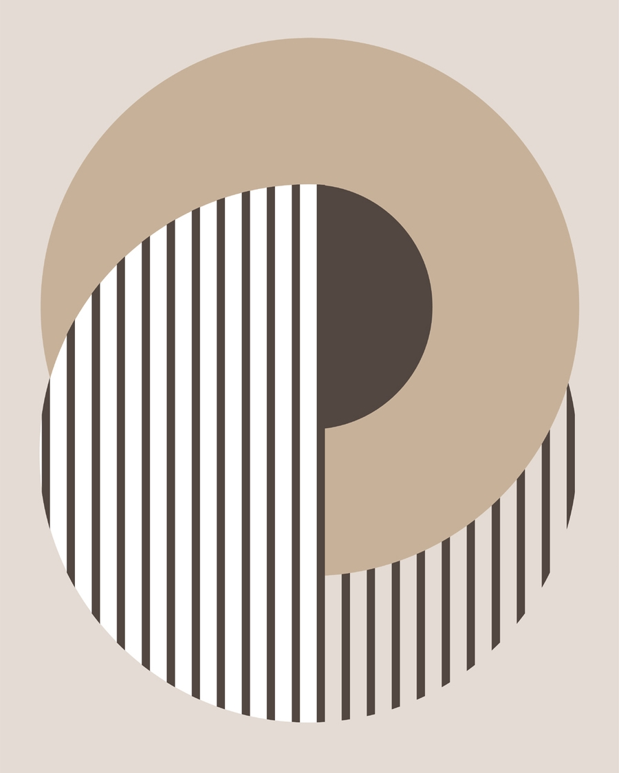 Abstract poster with beige circles and striped geometry.