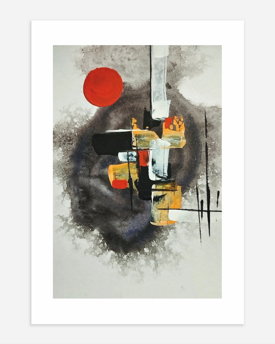 A poster of a Abstract Japandi art, red sun, ochre blocks