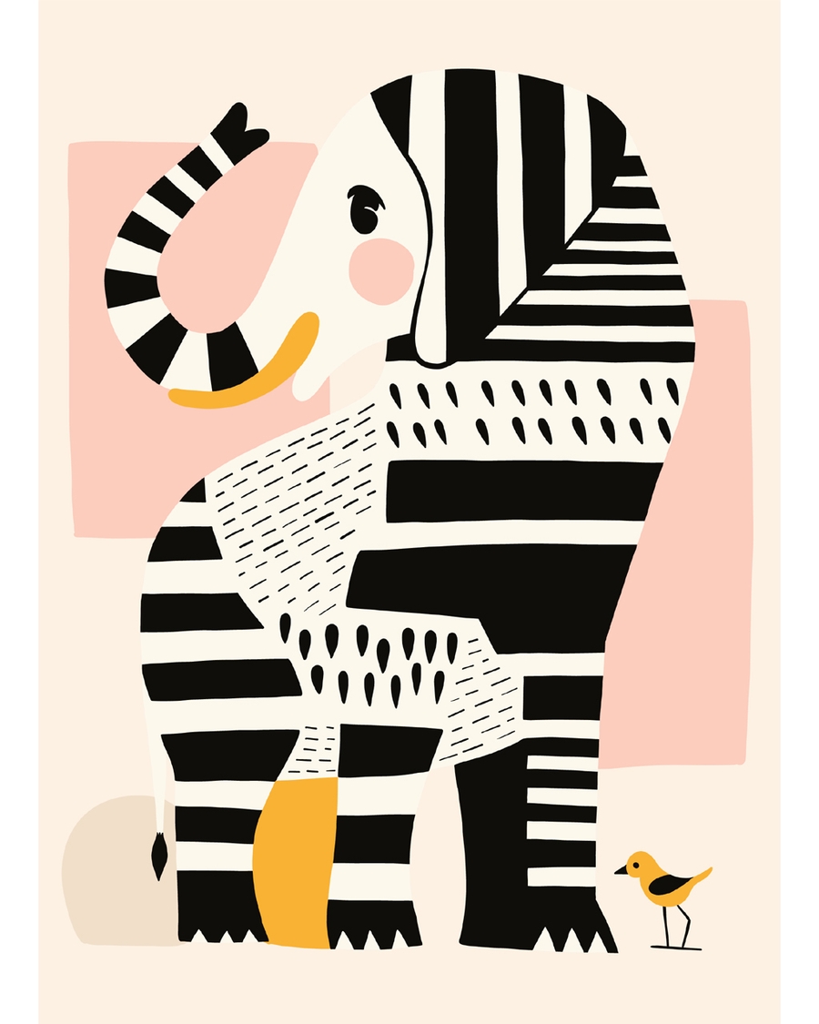 Striped elephant with small bird and soft shapes