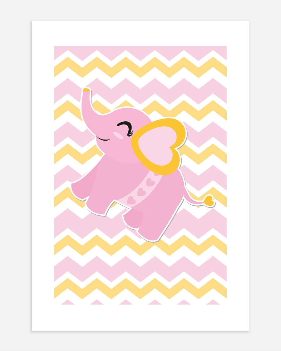 A poster of a Cute pink elephant illustration with heart details