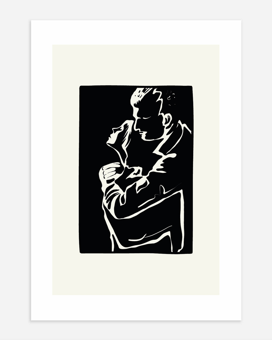 A poster of a Line art figures embracing in black and white