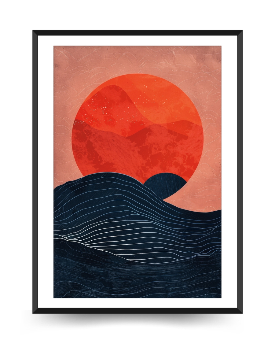 A poster of a Japandi waves with red sun and texture
