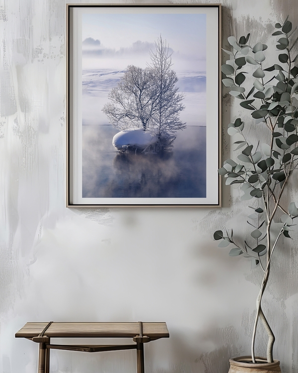 A poster of a Snow-covered tree reflected in calm winter water.