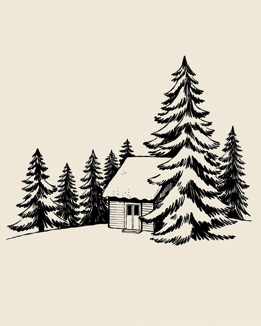 Black-and-white cabin illustration surrounded by pine trees