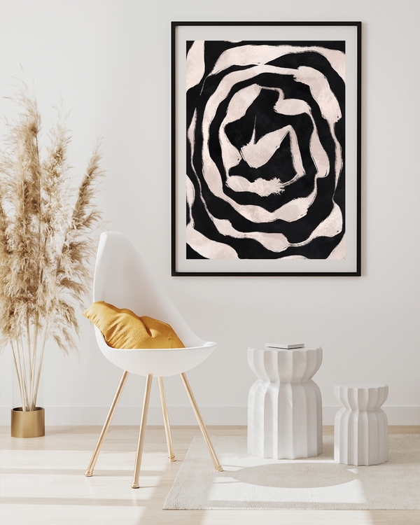 A posterof a beige concentric strokes on a deep black background