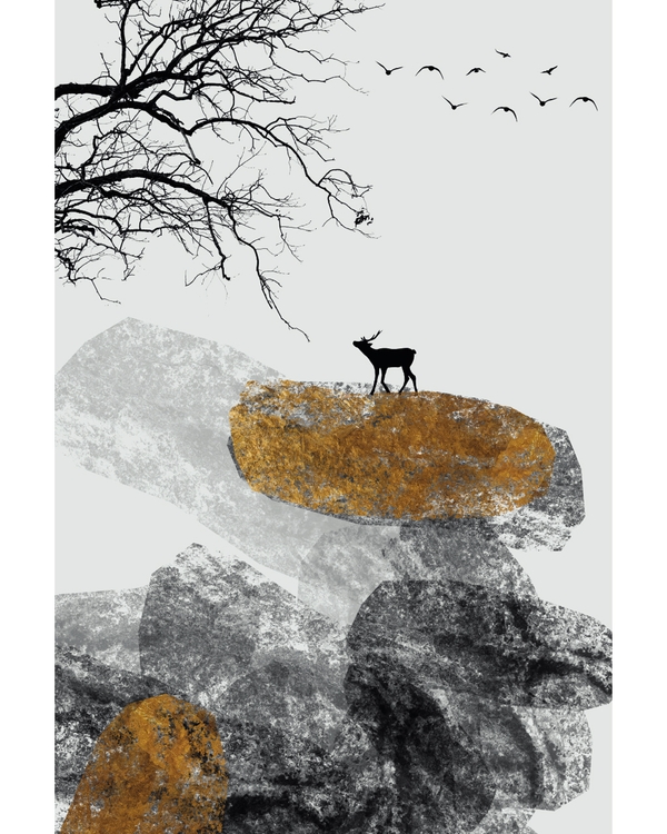 Japandi deer standing on golden textured rocks