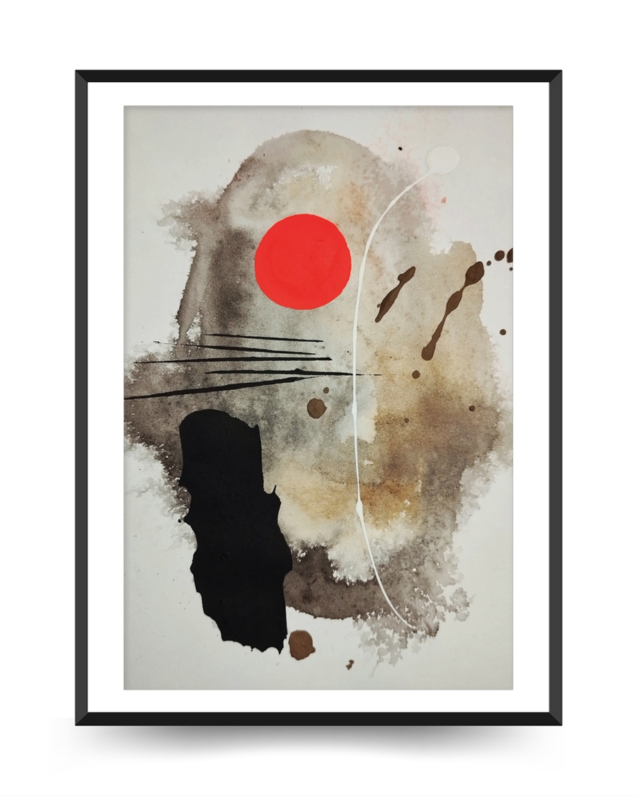 A poster of a Abstract japandi art with red sun and textures