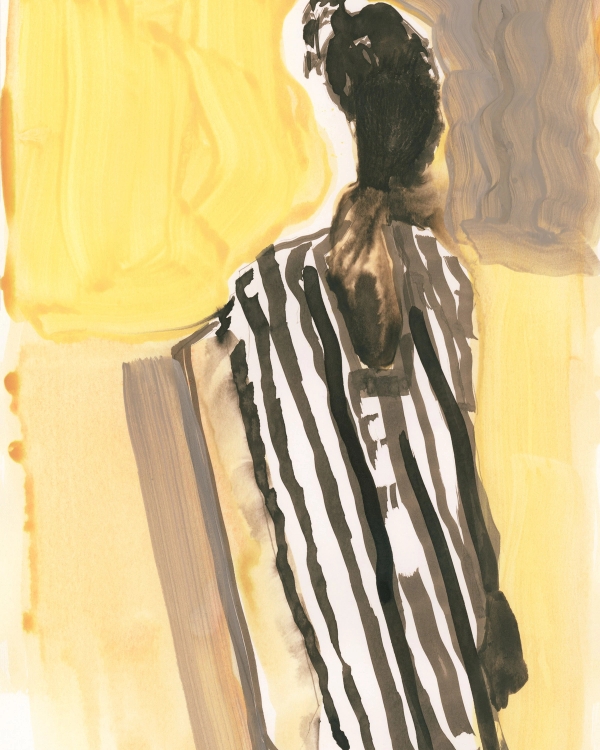 Painted figure of a woman from behind in black striped clothing against yellow and gray ink washes