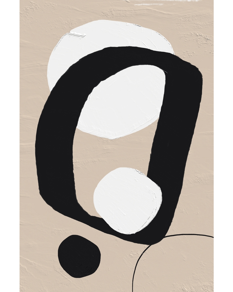 Abstract black shapes with white circles on beige background