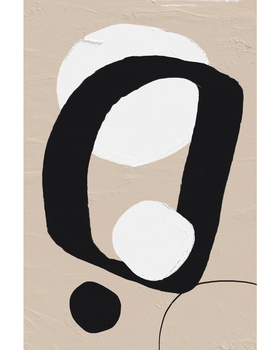 Abstract black shapes with white circles on beige background