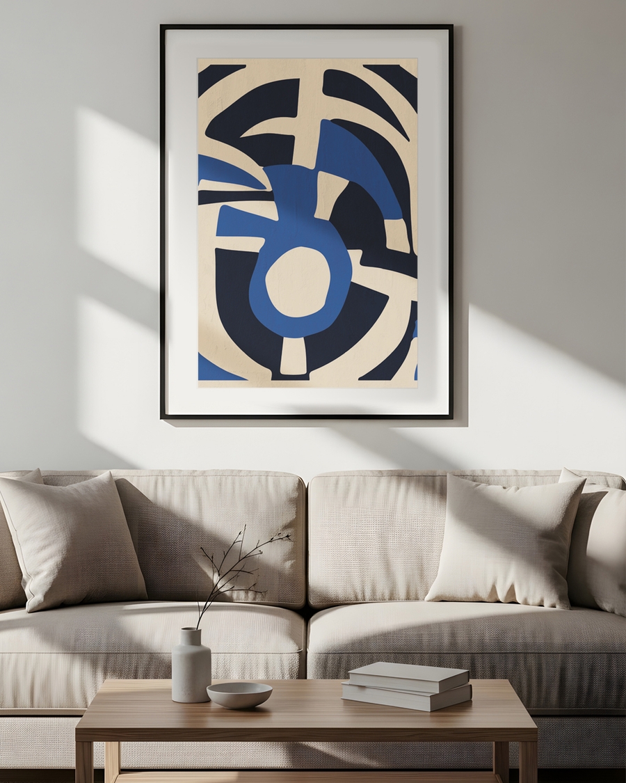 A poster of a Abstract graphic shapes in blue and black