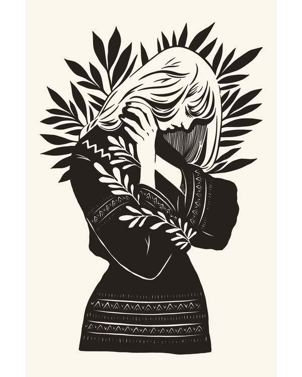 Graphic figure surrounded by botanical leaves in black