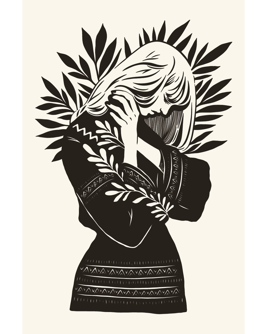 Graphic figure surrounded by botanical leaves in black
