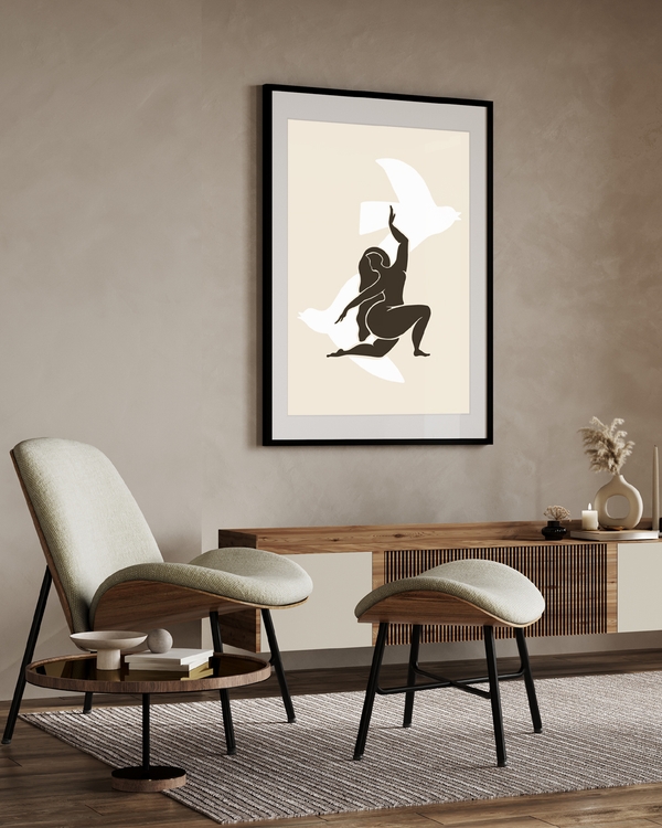 A poster of a Abstract figure reaching toward white bird shapes