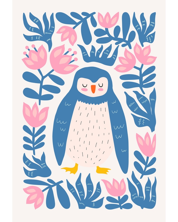 Blue penguin surrounded by pink flowers and leaves