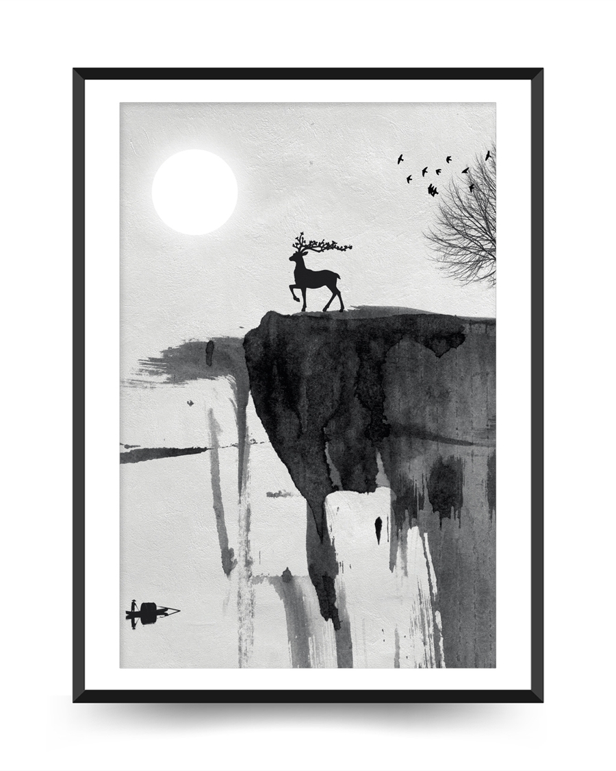 A poster of a Japandi ink landscape with deer and moon