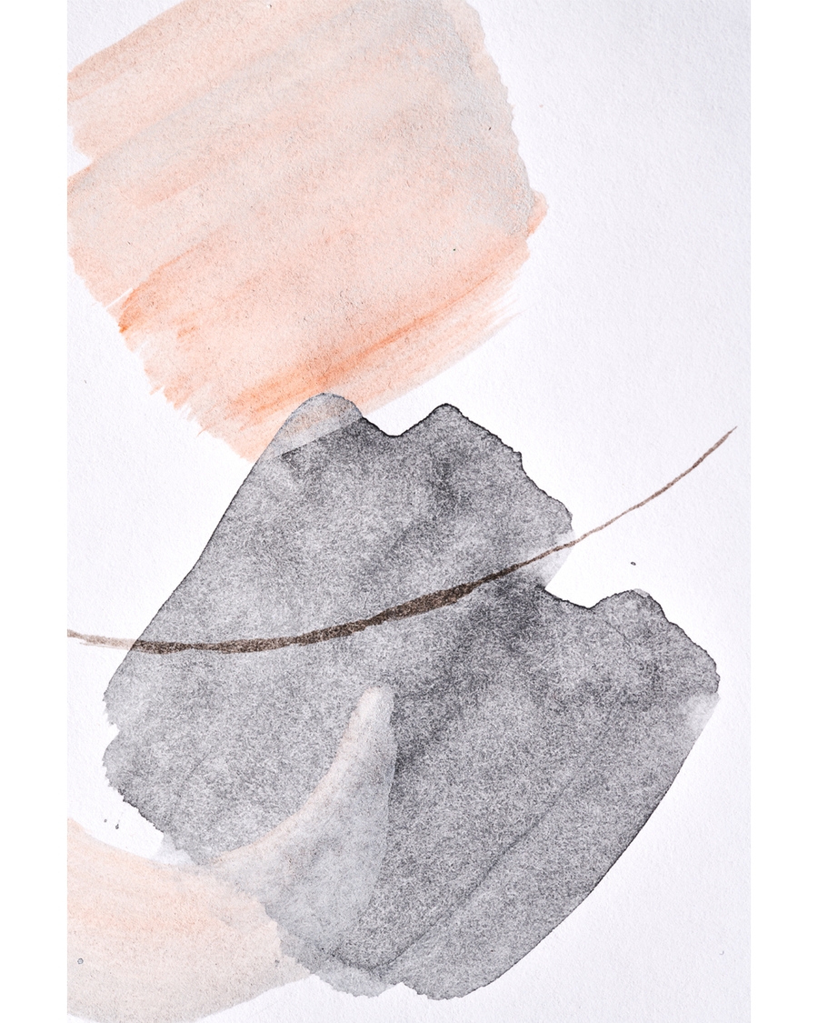 Abstract watercolor with peach and gray brushstrokes on white