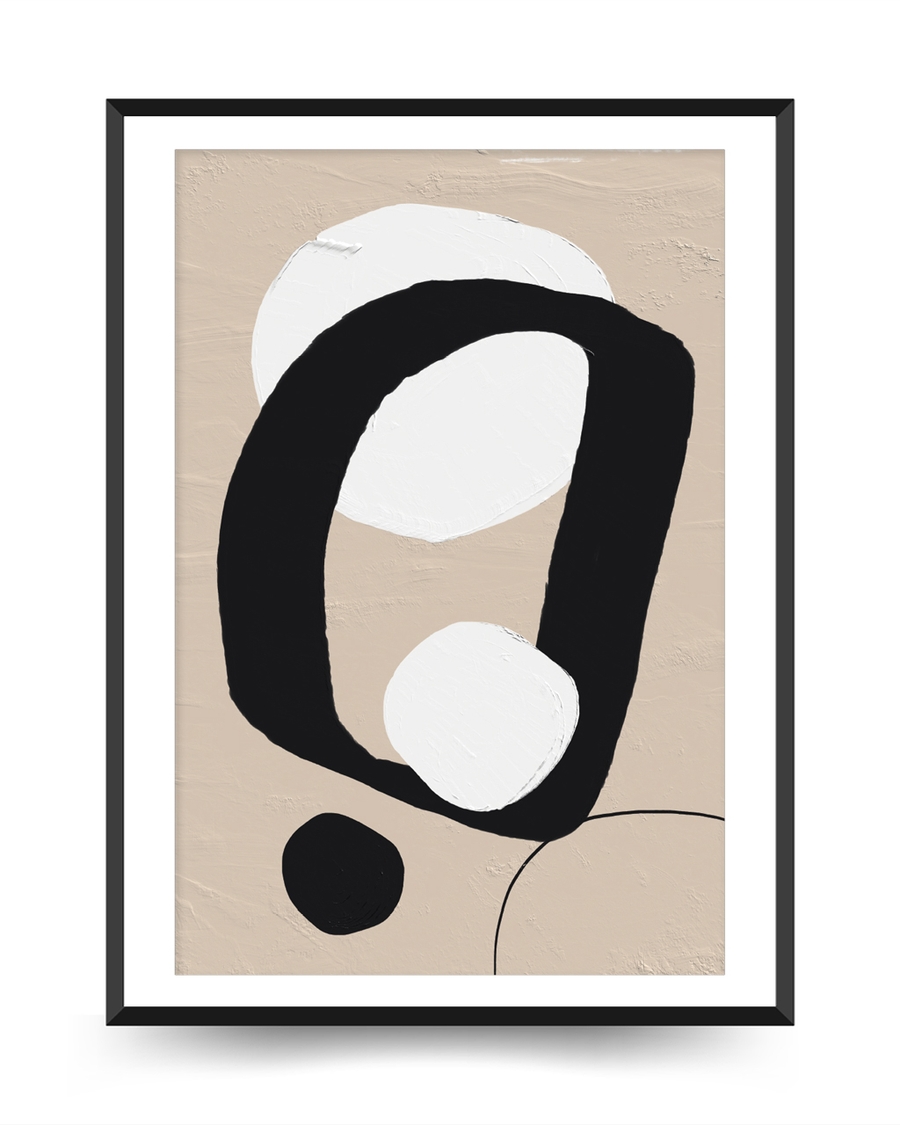 A poster of a Abstract black shapes with white circles on beige background