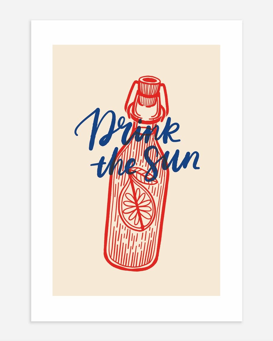 A poster of a Graphic citrus bottle illustration with drink the sun text