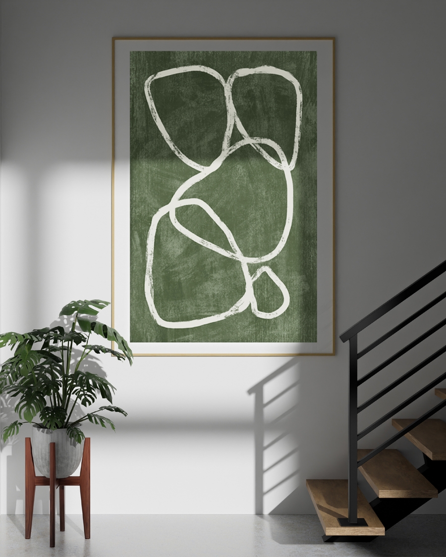 A poster of a Abstract white loops on textured dark green background