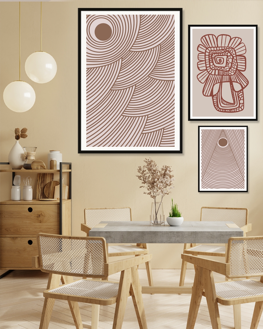 Dining area with three terracotta abstract line-art posters in black frames, one large and two smaller, above a wooden table