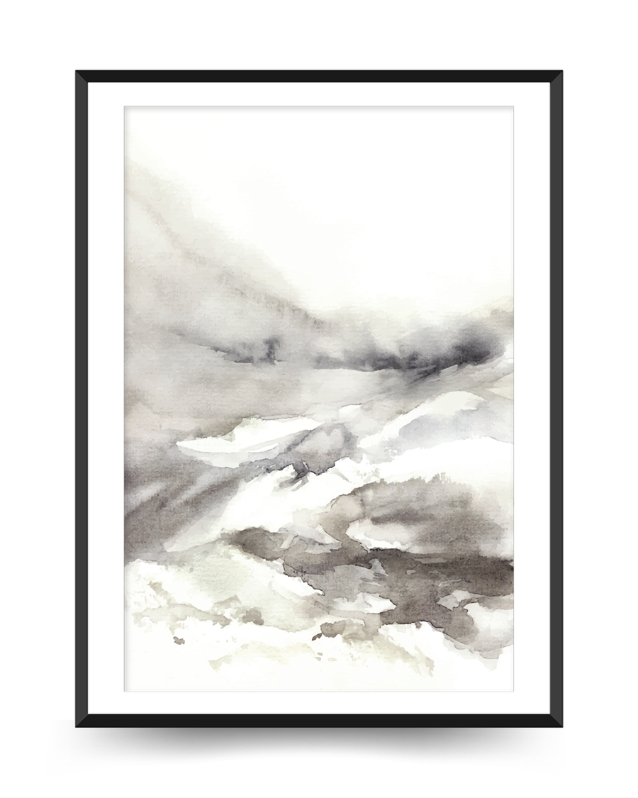 A poster of a Soft abstract watercolor in beige and gray tones