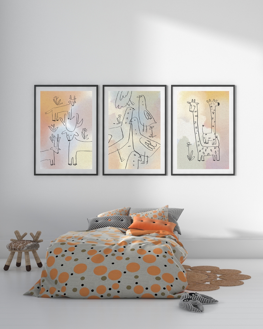 A poster of a Hand drawn giraffe illustration in soft watercolor style