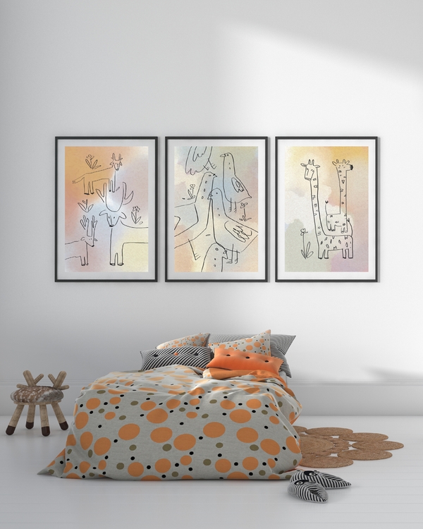 A poster of a Hand drawn giraffe illustration in soft watercolor style
