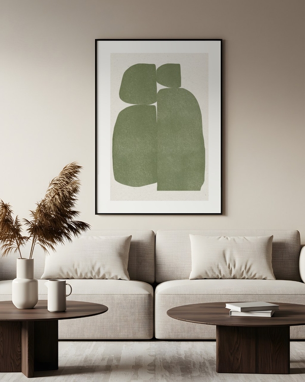 Olive Paper Forms poster in a slim black frame above a beige sofa in a minimal living room