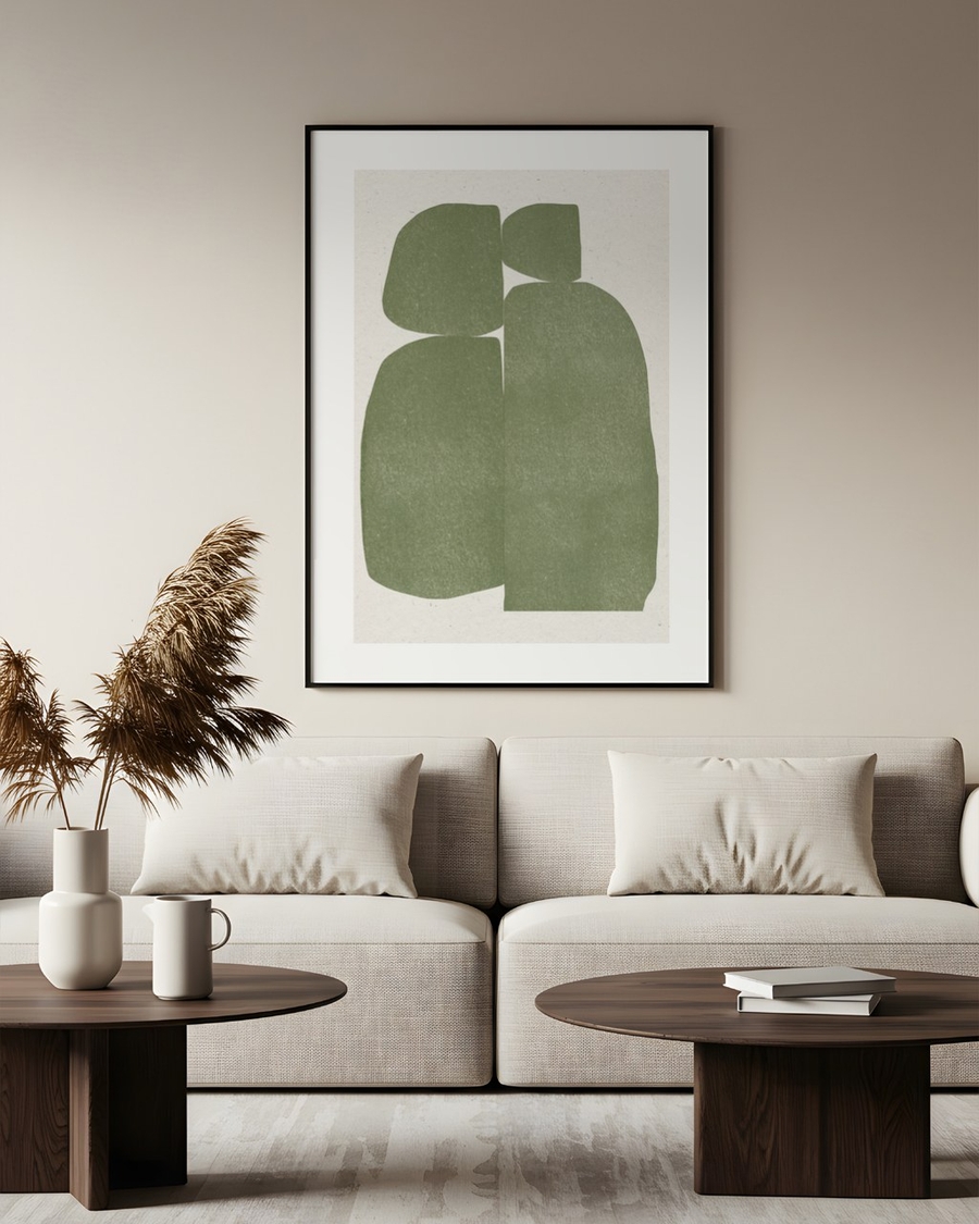 Olive Paper Forms poster in a slim black frame above a beige sofa in a minimal living room