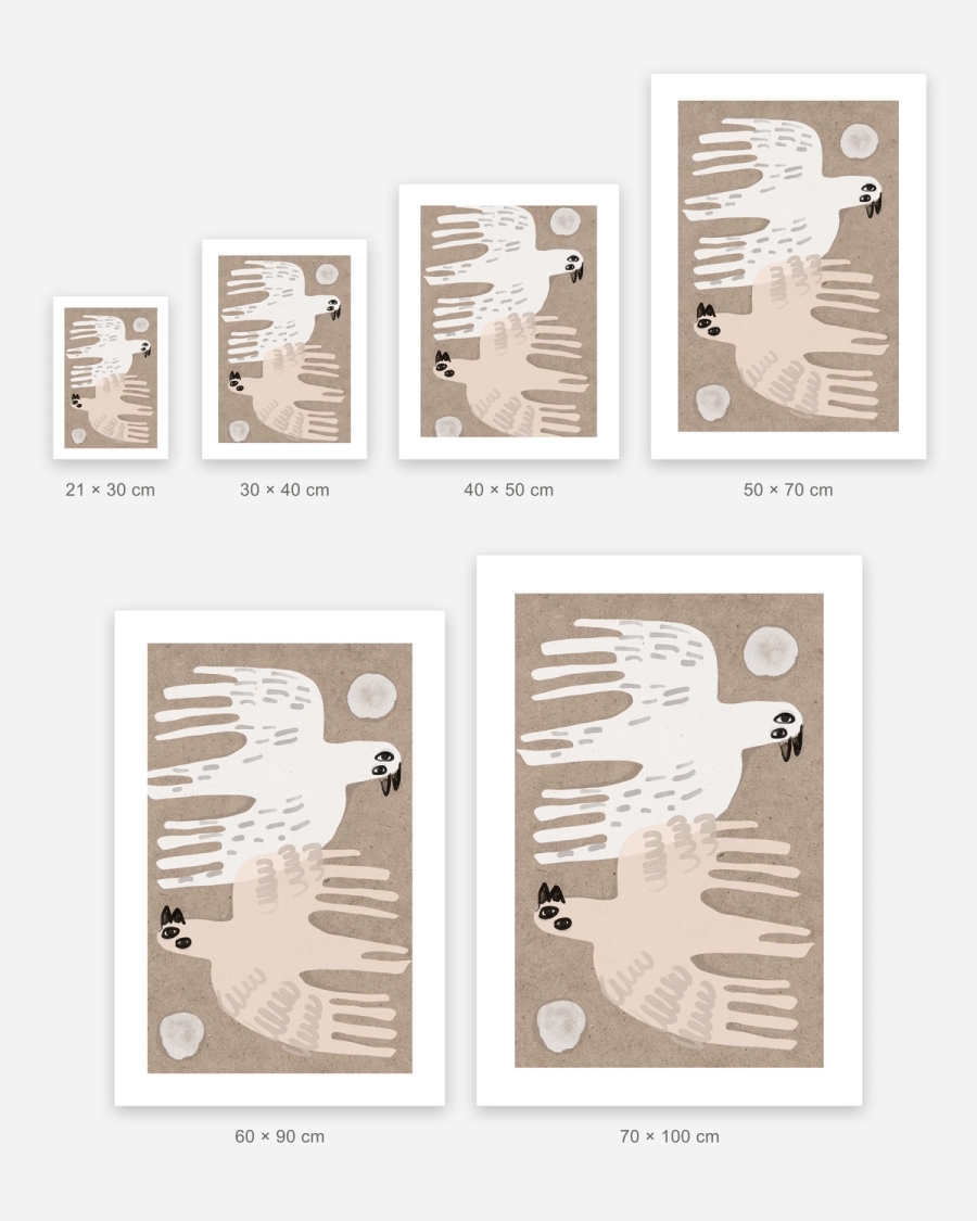 Pair in Flight poster in 6 sizes, shown to scale: 21 × 30, 30 × 40, 40 × 50, 50 × 70, 60 × 90 and 70 × 100 cm