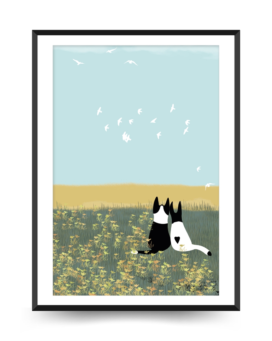 A poster of a Illustrated cats lying in field watching birds