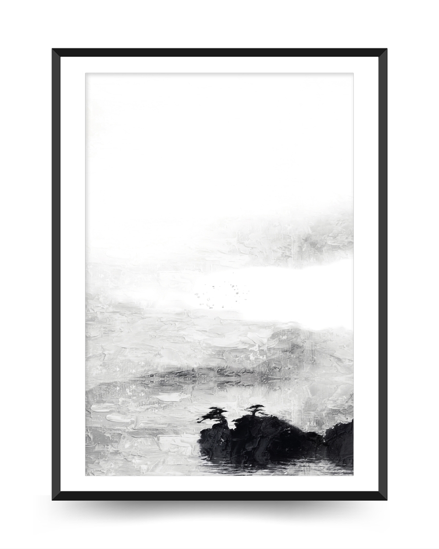 A poster of a Abstract light mountain landscape in soft gray tones