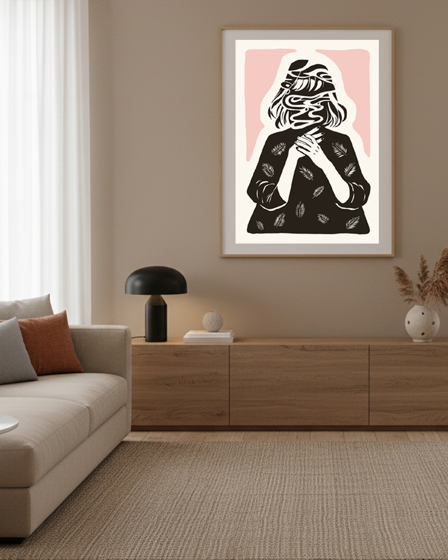 A poster of a black silhouette with abstract facial lines and pink accents.