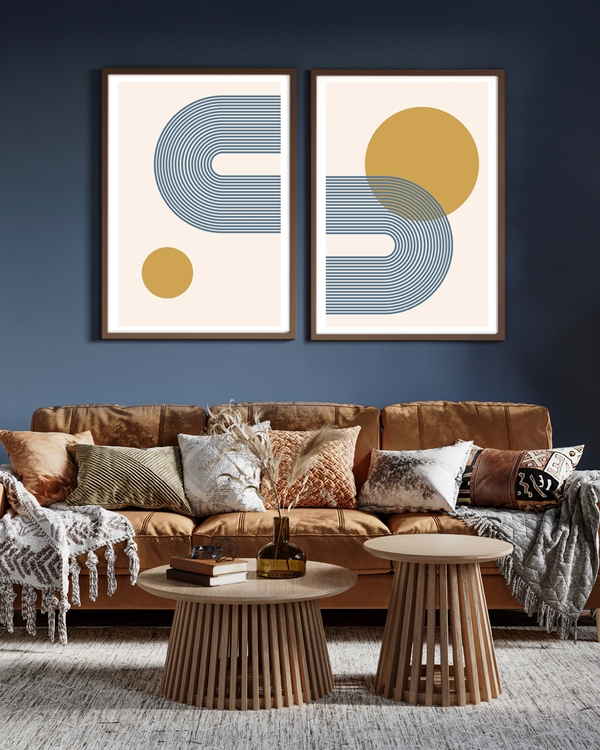 A poster of a abstract poster with layered blue curves and golden circle