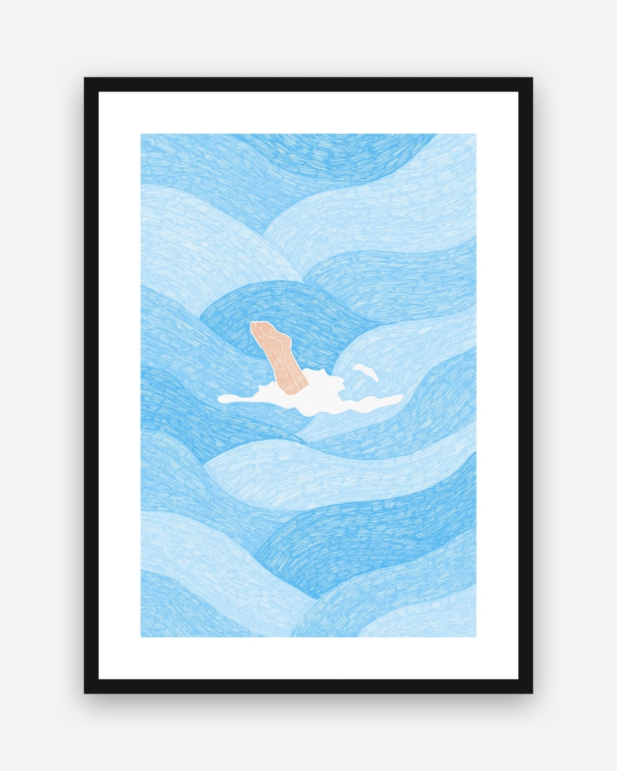 Blue Plunge poster with a white border in a black frame