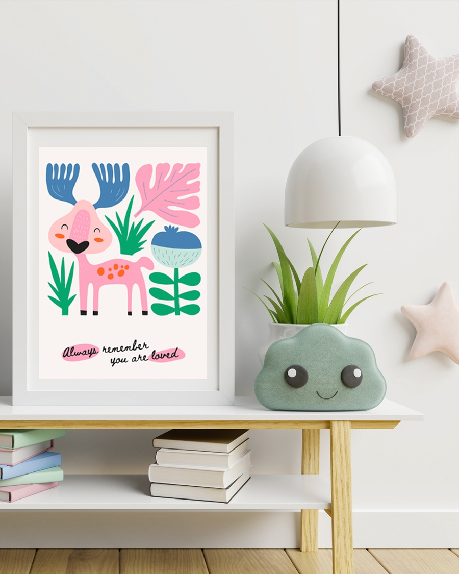 A poster of a Pink moose with plants and love message